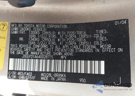 2004 Toyota Highlander V6 z USA, uszkodzony, nr VIN JTEEP21A640028715